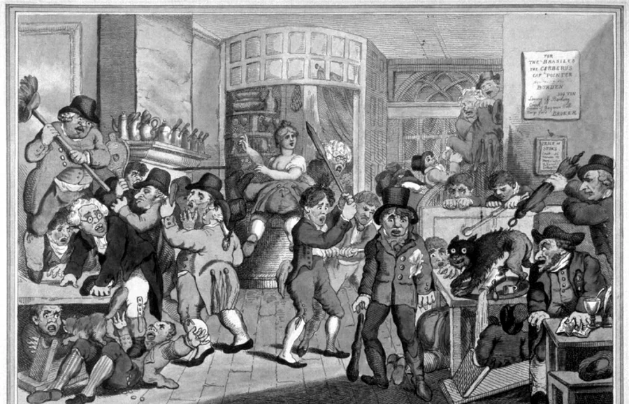 Ein englisches Kaffeehaus um 1800, Thomas Rowlandson. Um diese Zeit war das Lesen aus der Tasse dort Gesellschaftsspiel.
