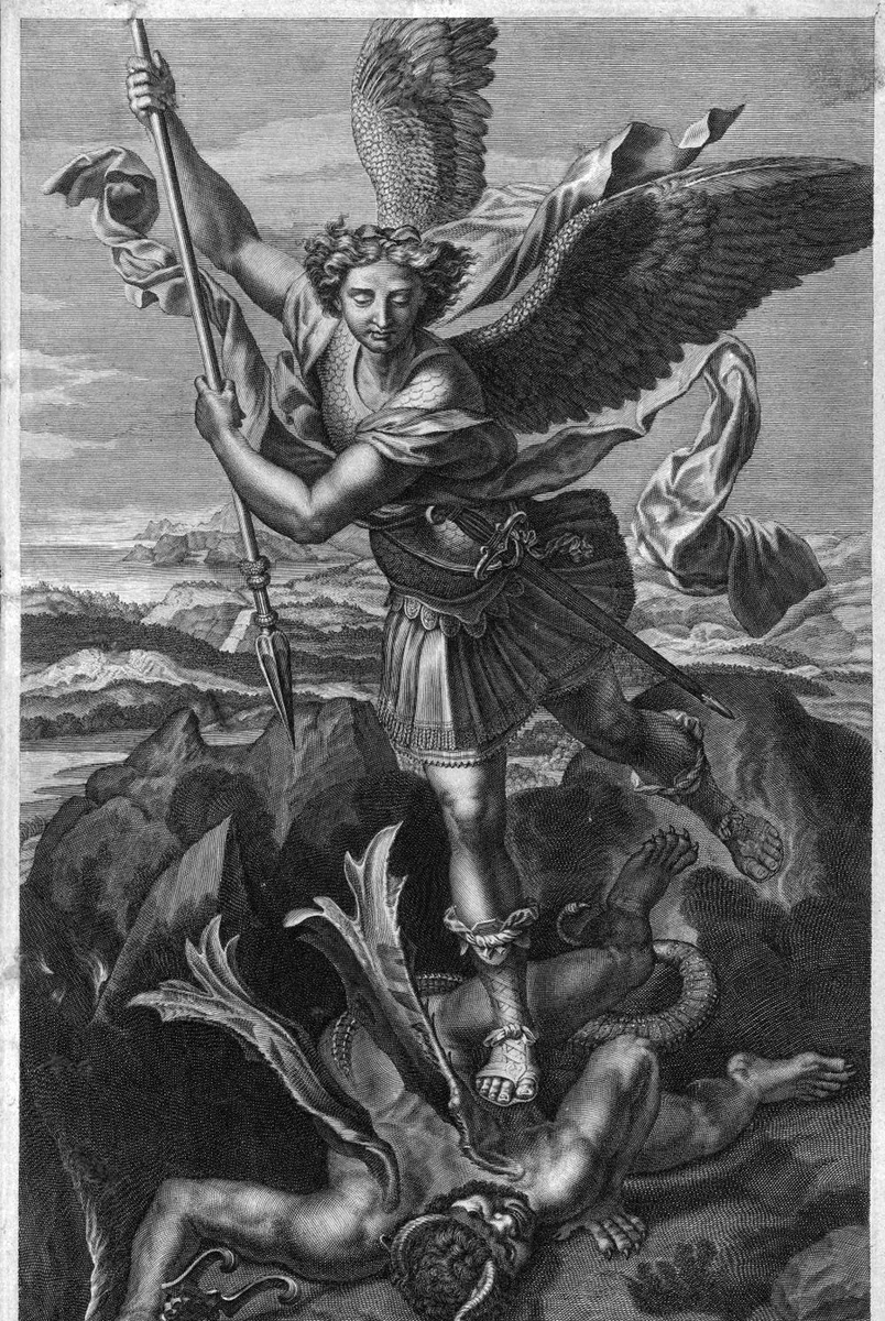 Erzengel Michael, Kupferstich von Gilles Rousselet nach Raffael, 17. Jahrhundert.