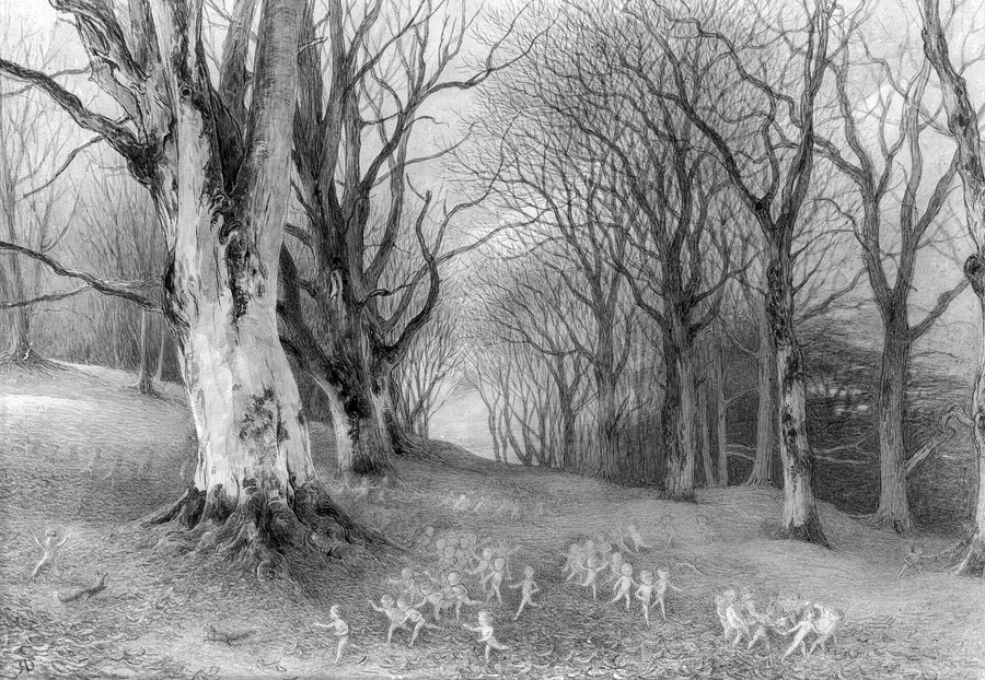Feen und Eichhörnchen im Wald – Richard Doyle, um 1870. Das Deck von 2001 ist geschützt, die Feen der Kunstgeschichte sind es nicht.