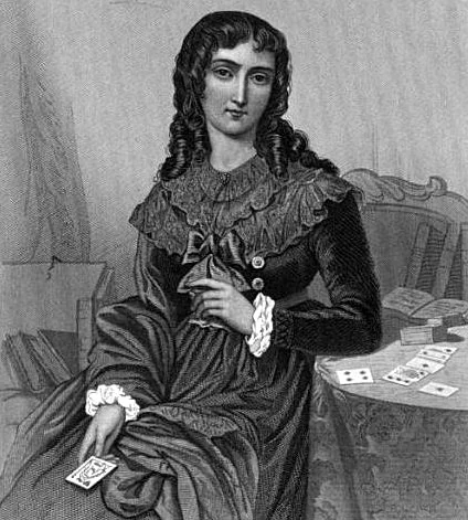 Marie Anne Lenormand mit ausgelegten Karten. Stahlstich aus „The Court of Napoleon“, 1857 – die einzige als authentisch geltende Darstellung.
