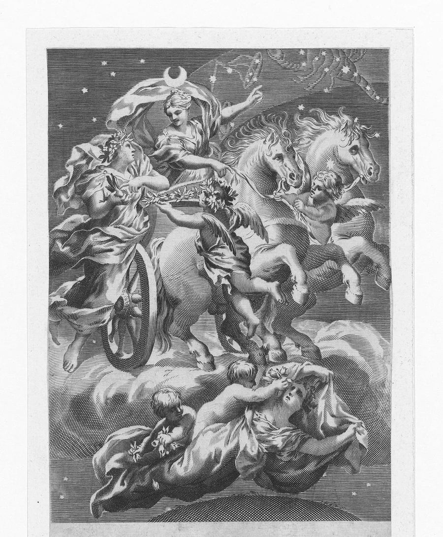 Luna auf ihrem Wagen, Kupferstich aus dem 17. Jahrhundert. Der Mond war die erste Uhr der Menschheit.