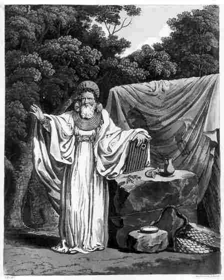 Ein Erzdruide, Kupferstich von 1815. Das Bild ist selbst eine Erfindung – so stellte man sich im 19. Jahrhundert einen Druiden vor, nicht so sah einer aus.